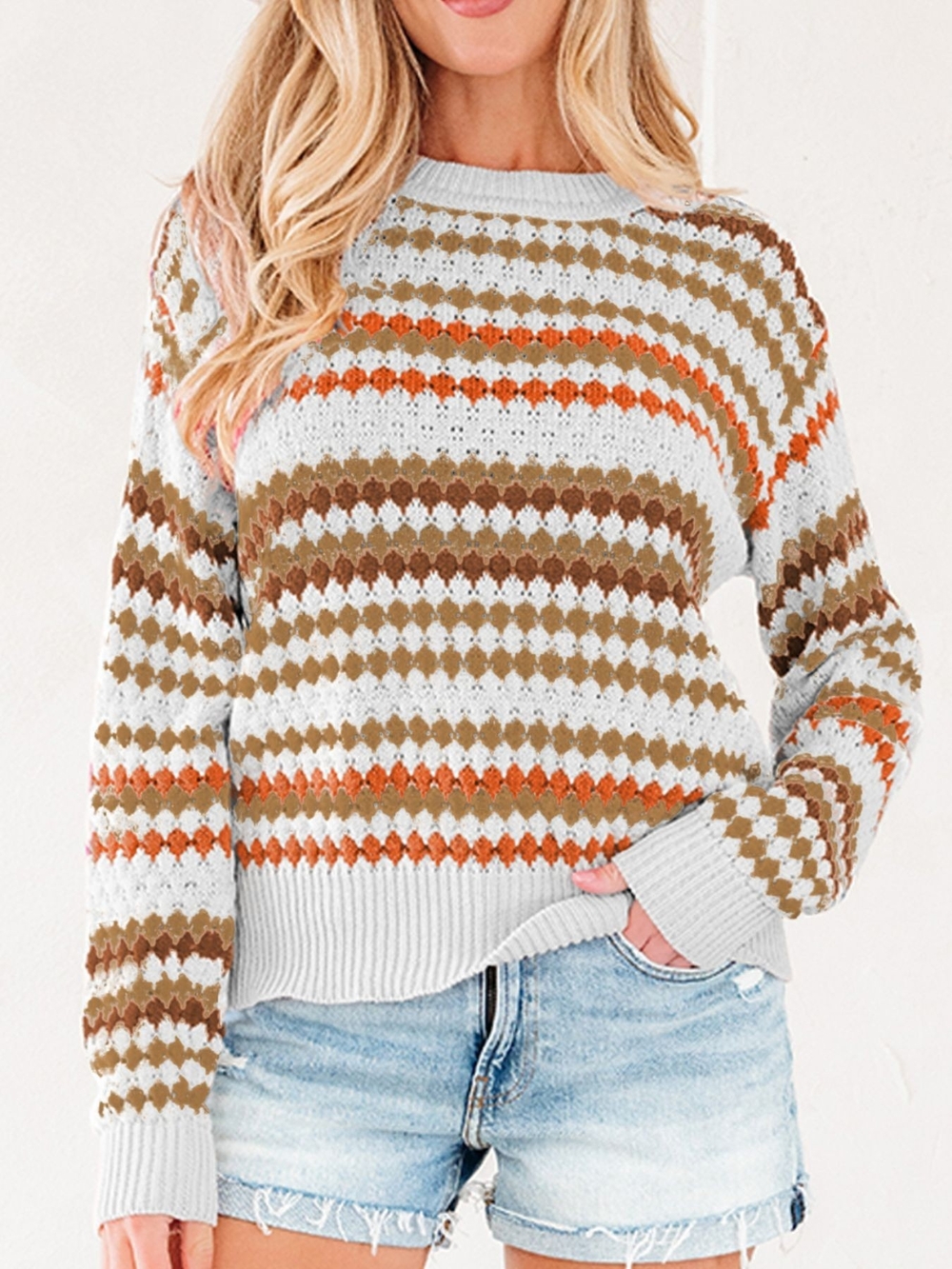 Light Blue Crewneck Sweater with Brown & Orange Fair Isle Stripes